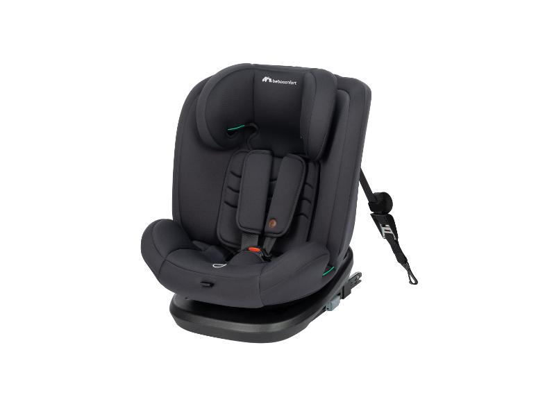 Dunkelgrauer Kindersitz mit Fünfpunkt-Sicherheitsgurt.