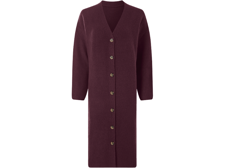 Langer gerippter Strickcardigan für Damen in Bordeaux mit Knöpfen.
