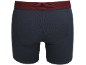 Dunkelblaue Herren-Boxershorts mit rotem Bund, Rückansicht.