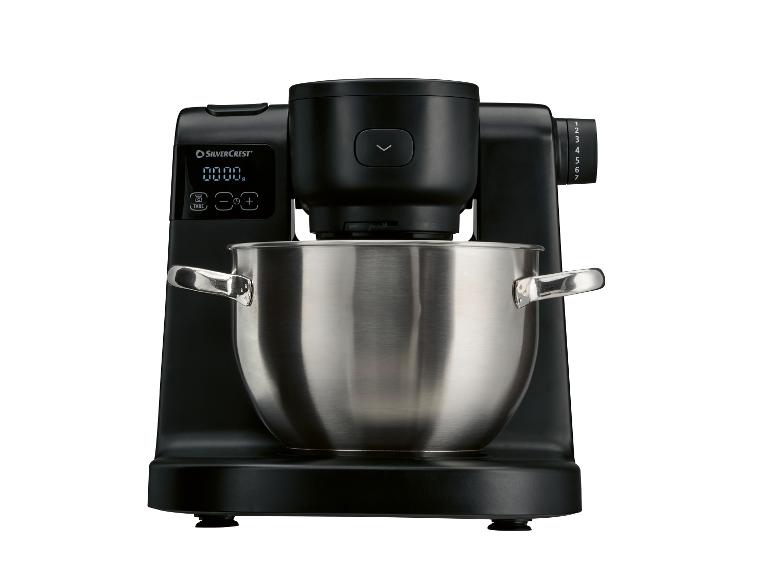 Schwarze Küchenmaschine mit Edelstahlschüssel und Digitalanzeige