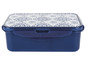 Eine blaue Lunchbox mit einem weißen und blauen Muster.