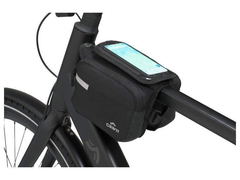 Eine schwarze Fahrradtasche mit Handyhalter von Crivit, befestigt am Fahrradlenker.
