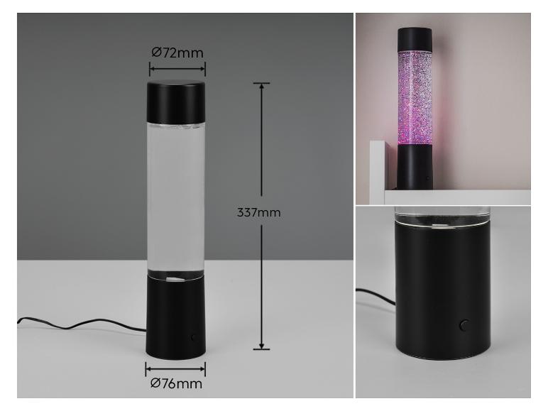 Schwarze zylindrische Glitzerlampe mit Maßen, eine leuchtend und Knopfdetail.