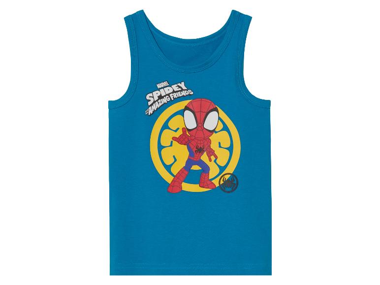 Blaues Kindershirt ohne Ärmel mit Spiderman und seinen Freunden, Marvel-Motiv.