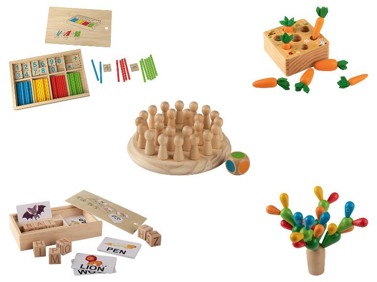 Holzspielzeug für Kinder, darunter ein Zählset, Karottenspiel, Steckspiel, Buchstabierspielzeug und Kaktus-Balance-Spiel.