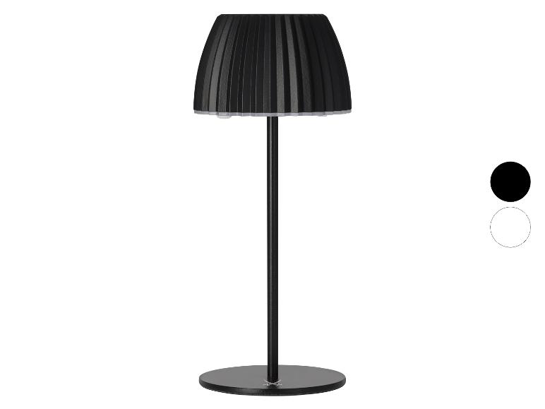Schwarze Tischlampe mit plissiertem Schirm und rundem Fuß, mit weißen und schwarzen Farboptionen.