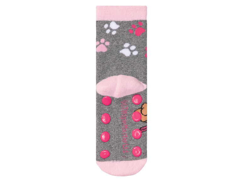 Graue Socken mit rosa Pfotenabdrücken und rutschfesten Punkten.