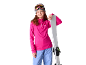 Mädchen in pinkem Ski-Oberteil, blauer Skihose und Skibrille, hält einen Ski.