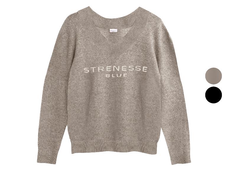 Beiger V-Ausschnitt-Pullover mit gesticktem „STRENESSE BLUE“-Logo auf der Brust.