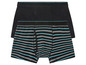 Zwei Boxershorts, eine schwarze und eine mit blauen Streifen.