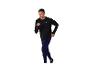 Mann in schwarzem Langarm-Sportshirt und blauen Laufleggings.
