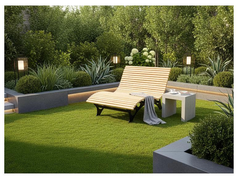 Grüner Garten mit Liegestuhl, Beistelltisch, Pflanzen und Außenbeleuchtung.