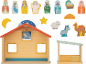 Hölzernes Krippenspiel-Set mit Figuren, Tieren und Stall.