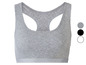 Ein grauer, gerippter Sport-BH mit Rundhalsausschnitt und offenem Rücken.