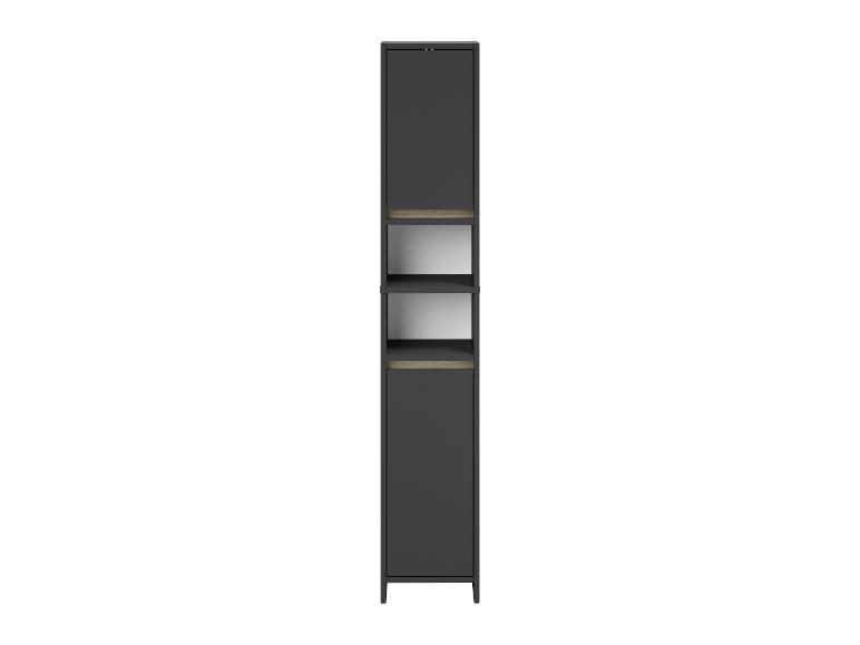Dunkelgrauer schmaler Hochschrank mit offenen und geschlossenen Fächern, mit hellen Holzdetails.