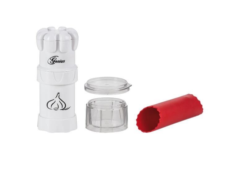 Weißer Genius Knoblauchhacker mit transparentem Behälter und rotem Knoblauchschäler.