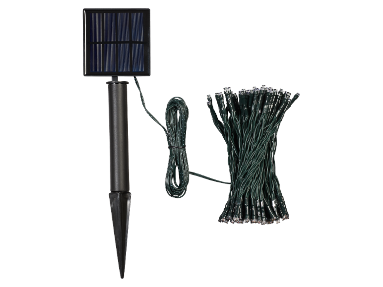Solar-LED-Lichterkette mit Solarpanel und Erdspieß.
