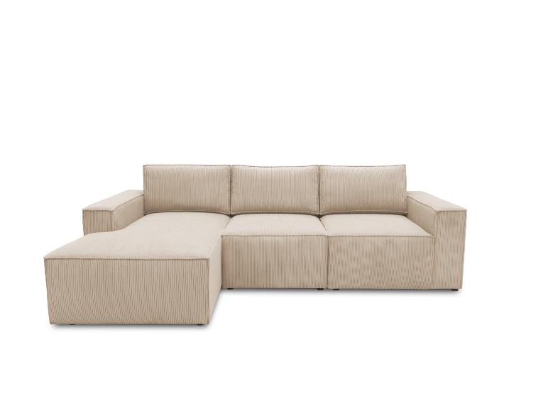 Beiges Modulsofa mit Cordbezug und Chaiselongue.
