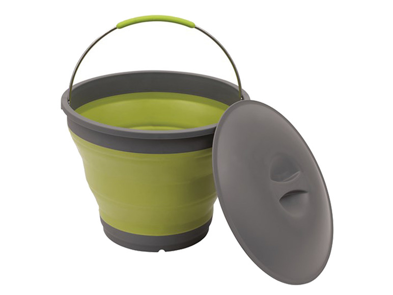 Ein grüner, zusammenklappbarer Eimer mit Deckel.