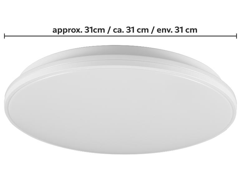 Weiße runde LED-Deckenleuchte mit ca. 31 cm Durchmesser.