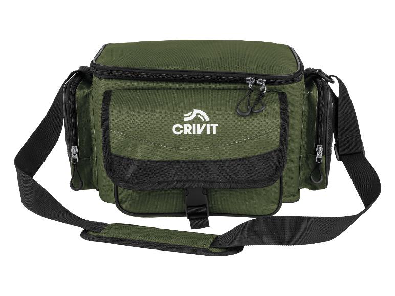 Grüne Umhängetasche mit Reißverschlüssen und Schnalle, mit Logo auf der Vorderseite.