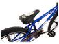 Blaues BMX-Fahrrad mit schwarzem Sattel und weißer Beschriftung.