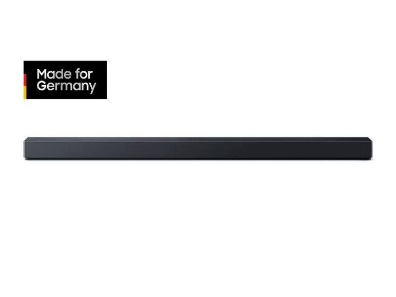 Schwarze Soundbar mit dem Etikett „Made for Germany“.