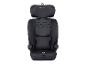 Schwarzer Kindersitz mit verstellbarer Kopfstütze und grünen Details.