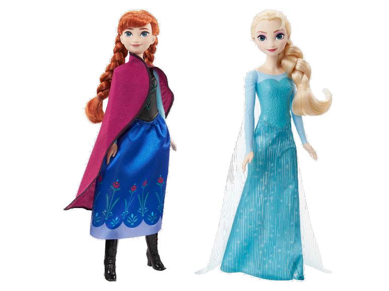 Zwei Prinzessinnenpuppen, eine mit roten Haaren und lila Umhang, die andere mit blonden Haaren und blauem Kleid.