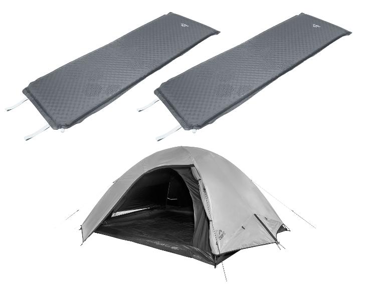 Zwei graue selbstaufblasende Isomatten und ein graues Campingzelt.