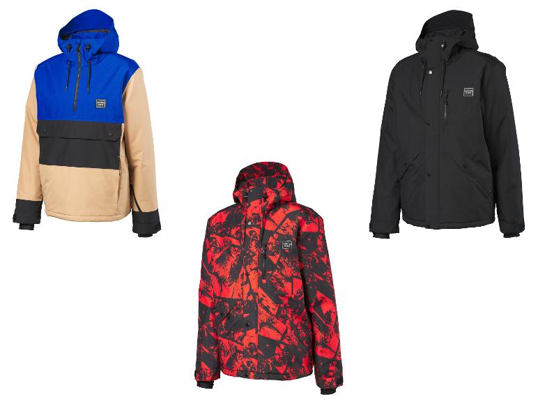Drei Mountain Slopes Skijacken: eine blau-beige-schwarze, eine rot-schwarze und eine schwarze.