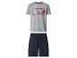 Zweiteiliger Herren-Pyjama mit grauem T-Shirt und blauen Shorts.