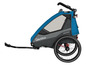 Ein blauer Queridoo Sportrex1 Fahrradanhänger mit einem großen Rad.