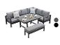 Graue Outdoor-Ecklounge mit Kissen, Tisch und Bank
