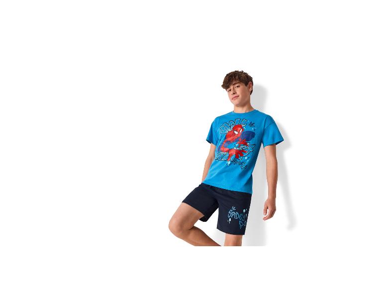 Jungen-Pyjama mit blauem T-Shirt mit Superhelden-Print und marineblauen Shorts