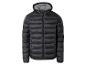 Schwarze Daunenjacke mit Kapuze.