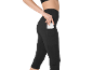 Frau in schwarzen Sportleggings mit Seitentasche, weiße Karte in der Tasche
