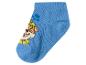 Hellblaue Kindersocke mit einem Cartoon-Hund, der einen gelben Bauhelm trägt.