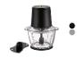 Schwarzer Zerkleinerer mit Glasschüssel und zusätzlichem Aufsatz, auf weißem Hintergrund.