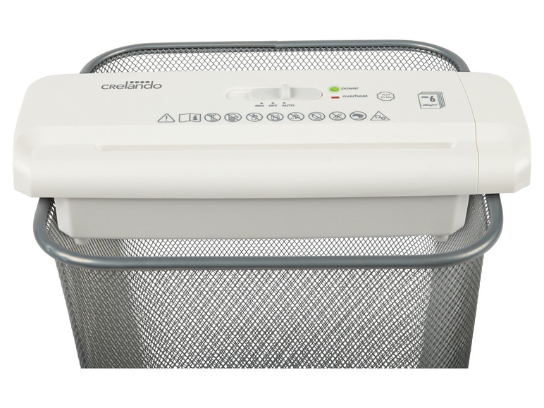 Ein weißer Papiervernichter von Crelando mit einem Metallkorb.