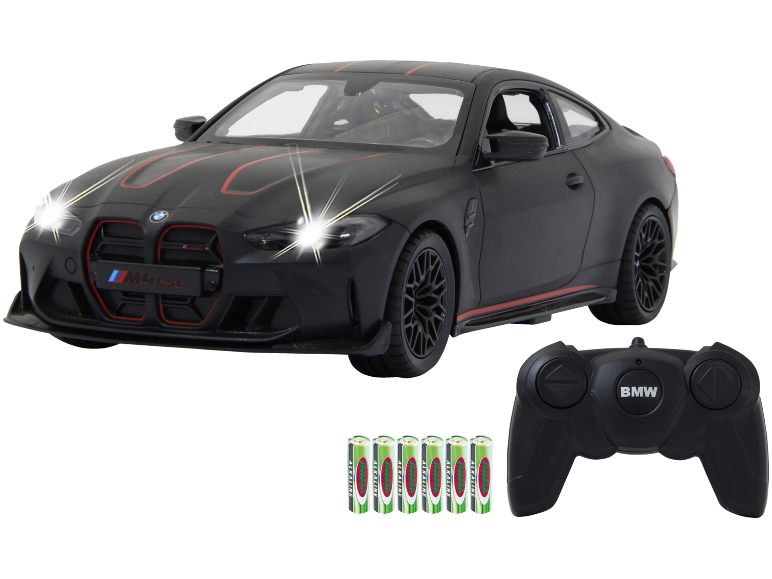 Schwarzes ferngesteuertes Spielzeugauto mit Fernbedienung und Batterien.