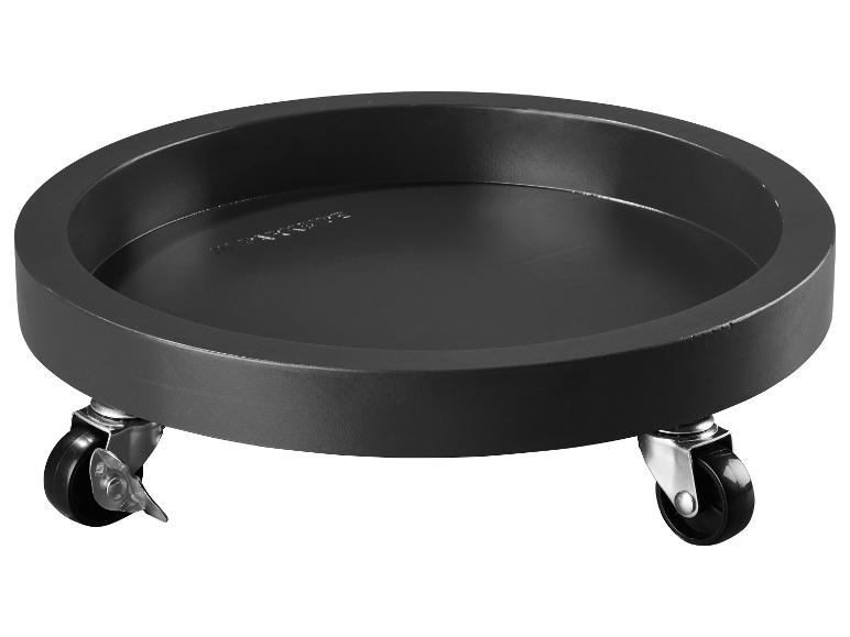 Schwarzer runder Pflanzenroller mit Rollen und Bremsen, ideal zum Bewegen schwerer Töpfe.