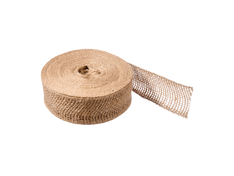 Rolle aus natürlichem Jute-Sackleinenband auf schwarzem Hintergrund