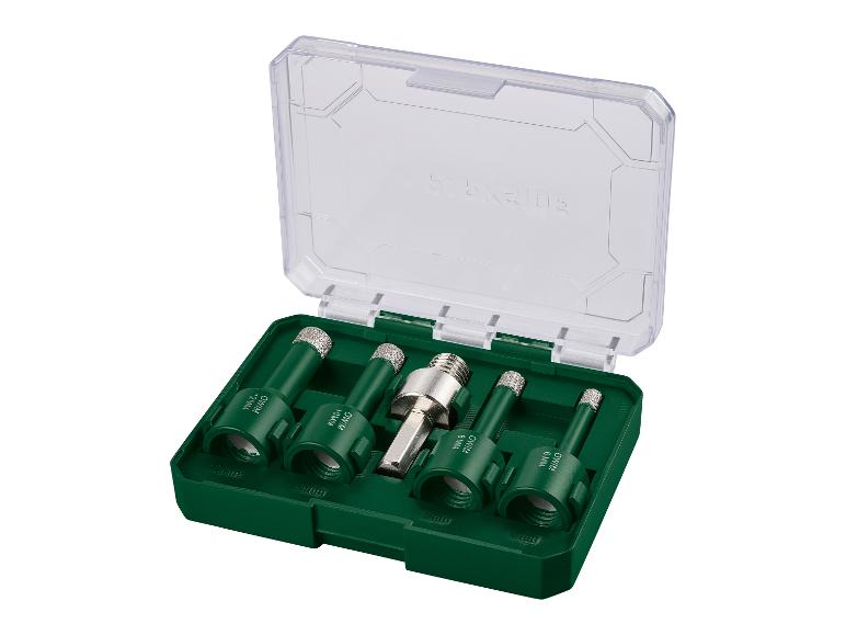 Diamantfliesenbohrer-Set mit Adapter, Größen 6, 8, 10 und 12 mm.