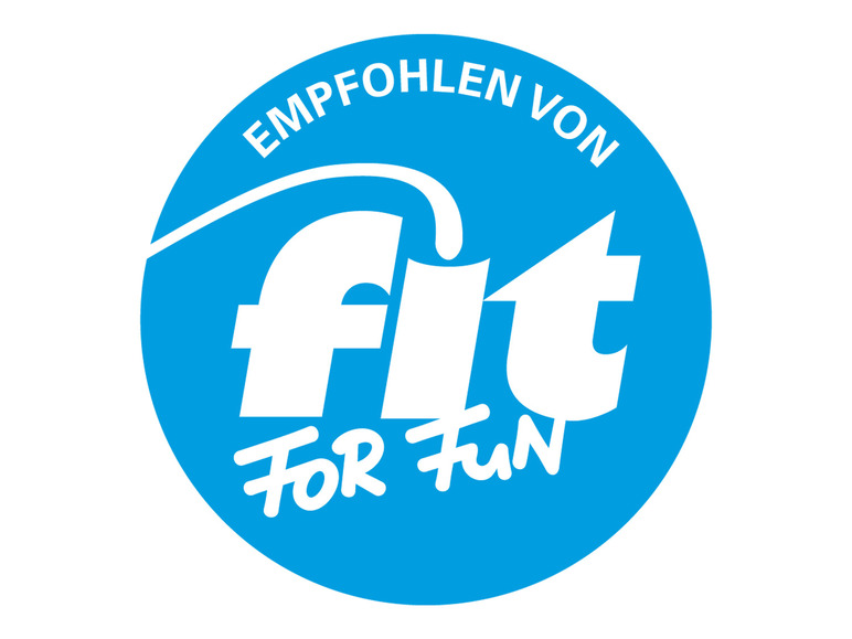 Blaues rundes Logo mit 'Fit For Fun' und 'Empfohlen von'.