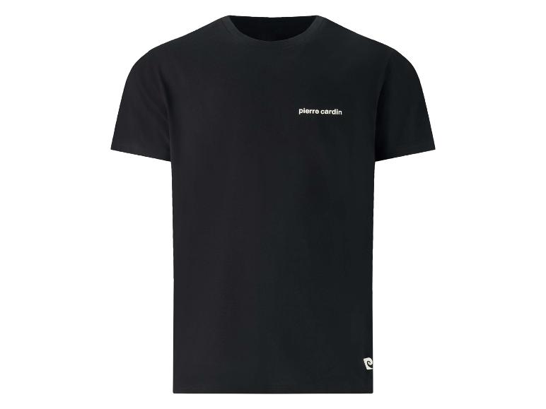 Schwarzes Kurzarm-T-Shirt mit kleinem weißem Logo auf der Brust.