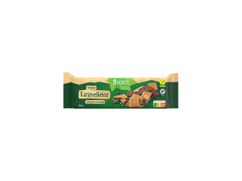 Vegane Karamellkekse mit Zartbitterschokolade, 200 g Packung.