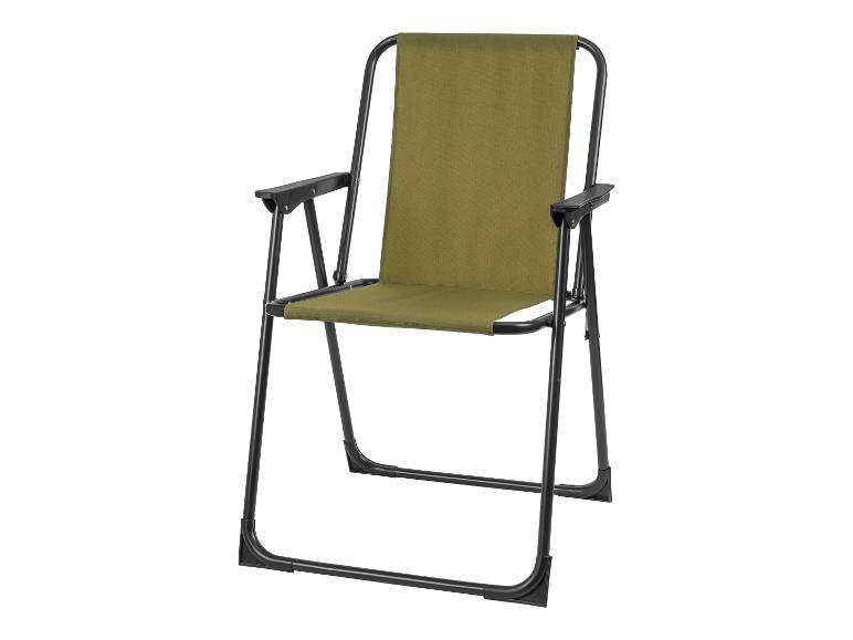 Olivengrüner Klappstuhl mit Armlehnen, Metallgestell.