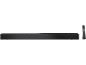 Schwarze Soundbar mit Fernbedienung auf schwarzem Hintergrund