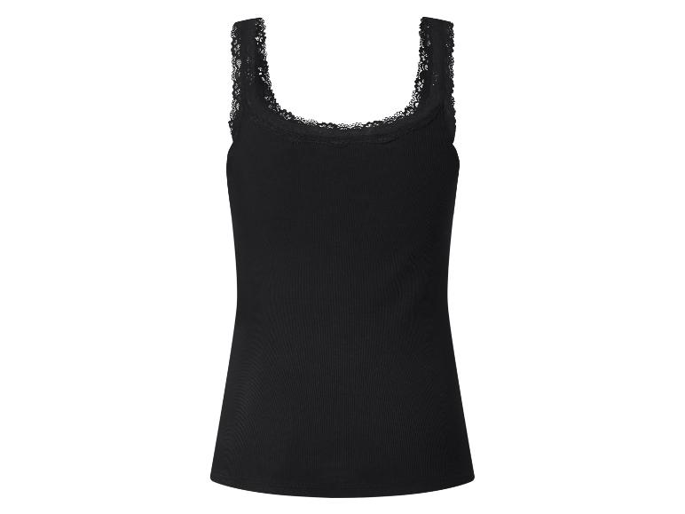 Schwarzes geripptes Damen-Top mit Spitze am Ausschnitt und an den Schultern.